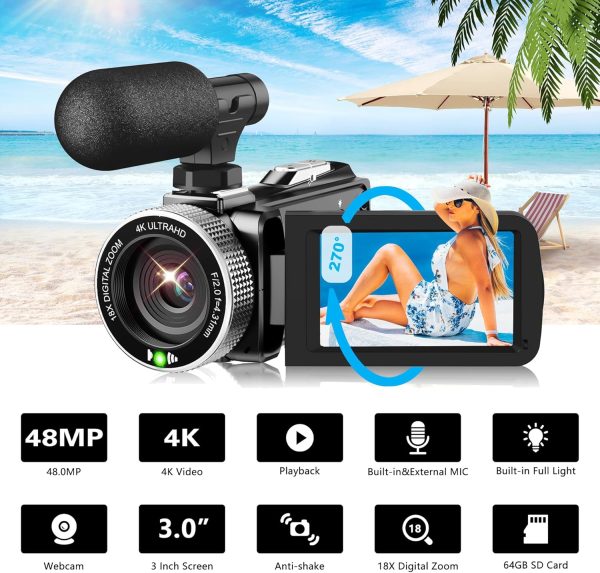 Video Camera Camcorder Digital Camera Recorder Full HD 1080P 15FPS 24MP 3.0 Inch 270 Degree Rotation LCD 16X Digital Zoom Camcorder Camera with 2 Batteries(Black) - Image 2