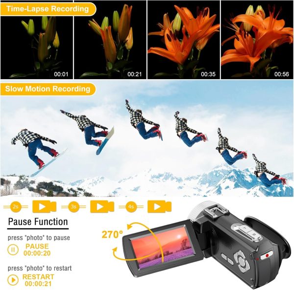 Video Camera Camcorder Digital Camera Recorder Full HD 1080P 15FPS 24MP 3.0 Inch 270 Degree Rotation LCD 16X Digital Zoom Camcorder Camera with 2 Batteries(Black) - Image 5
